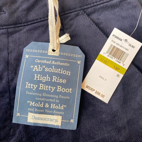 Democracy Ab Solution Itty Bitty Boot Corduroy Jeans Women's 14P PETITE Navy NWT - Picture 2 of 7